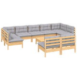 10 Piece Garden Lounge Set with Grey Cushions Solid Pinewood - Side View