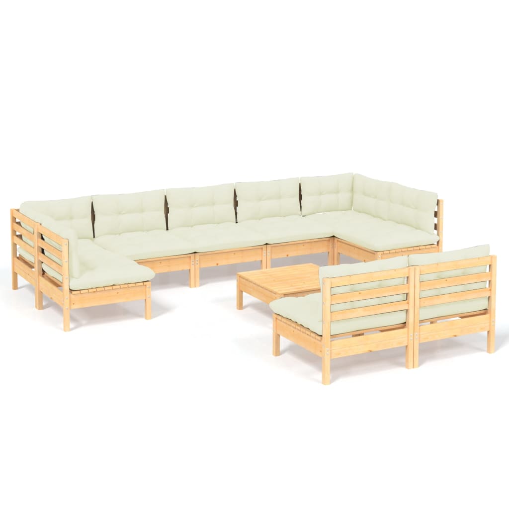 10 Piece Garden Lounge Set with Cream Cushions Solid Pinewood