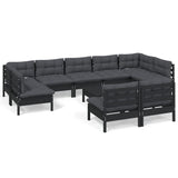 10 Piece Garden Lounge Set with Cushions Black Solid Pinewood - Front View