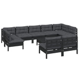 10 Piece Garden Lounge Set with Cushions Black Solid Pinewood - Side View