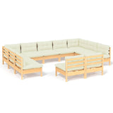 11 Piece Garden Lounge Set with Cream Cushions Solid Pinewood - Front View