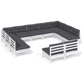 11 Piece Garden Lounge Set with Cushions White Solid Pinewood - Front View