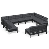11 Piece Garden Lounge Set with Cushions Black Solid Pinewood - Front View