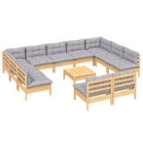 12 Piece Garden Lounge Set with Grey Cushions Solid Pinewood - Side View