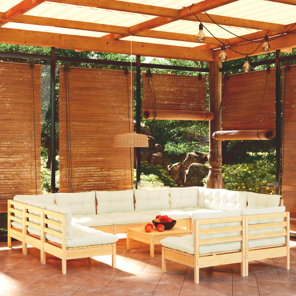 12 Piece Garden Lounge Set with Cream Cushions Solid Pinewood