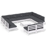 12 Piece Garden Lounge Set with Cushions White Solid Pinewood - Front View