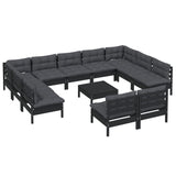 12 Piece Garden Lounge Set with Cushions Black Solid Pinewood - Side View