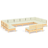 12 Piece Garden Lounge Set with Cream Cushions Solid Pinewood - Front View