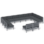 12 Piece Garden Lounge Set with Cushions Grey Solid Pinewood