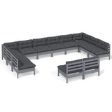 12 Piece Garden Lounge Set with Cushions Grey Solid Pinewood - Front View