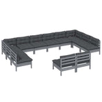 12 Piece Garden Lounge Set with Cushions Grey Solid Pinewood