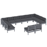 12 Piece Garden Lounge Set with Cushions Grey Solid Pinewood - Side View