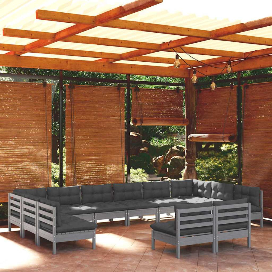 12 Piece Garden Lounge Set with Cushions Grey Solid Pinewood