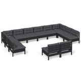 12 Piece Garden Lounge Set with Cushions Black Solid Pinewood - Front View