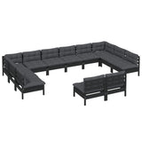 12 Piece Garden Lounge Set with Cushions Black Solid Pinewood - Side View