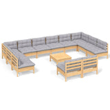 13 Piece Garden Lounge Set with Grey Cushions Solid Pinewood - Front View