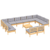 13 Piece Garden Lounge Set with Grey Cushions Solid Pinewood - Side View