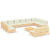 13 Piece Garden Lounge Set with Cream Cushions Solid Pinewood - Front View