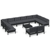 13 Piece Garden Lounge Set with Cushions Black Solid Pinewood - Front View