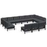 13 Piece Garden Lounge Set with Cushions Black Solid Pinewood - Front View