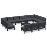 14 Piece Garden Lounge Set with Cushions Black Solid Pinewood - Front View