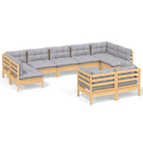 9 Piece Garden Lounge Set with Grey Cushions Solid Pinewood - Front View