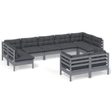9 Piece Garden Lounge Set with Cushions Grey Solid Pinewood