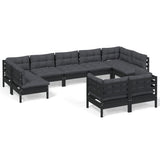 9 Piece Garden Lounge Set with Cushions Black Solid Pinewood - Front View