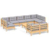 10 Piece Garden Lounge Set with Grey Cushions Solid Pinewood - Front View