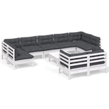 10 Piece Garden Lounge Set with Cushions White Solid Pinewood - Front View