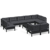 10 Piece Garden Lounge Set with Cushions Black Solid Pinewood - Front View