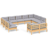 11 Piece Garden Lounge Set with Grey Cushions Solid Pinewood - Front View