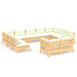 11 Piece Garden Lounge Set with Cream Cushions Solid Pinewood - Front View