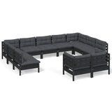 11 Piece Garden Lounge Set with Cushions Black Solid Pinewood - Front View