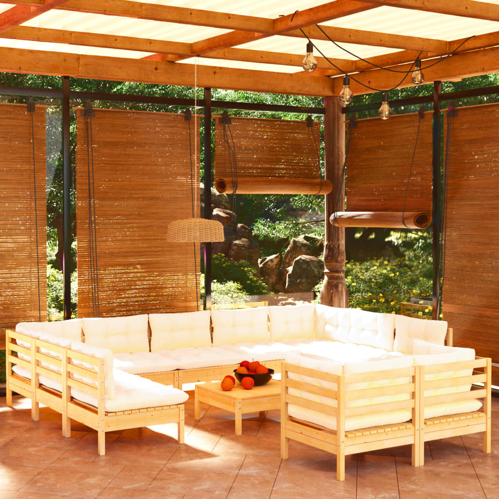 12 Piece Garden Lounge Set with Cream Cushions Solid Pinewood