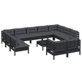 12 Piece Garden Lounge Set with Cushions Black Solid Pinewood - Side View