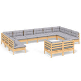 12 Piece Garden Lounge Set with Grey Cushions Solid Pinewood - Front View