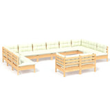 12 Piece Garden Lounge Set with Cream Cushions Solid Pinewood - Front View
