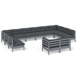 12 Piece Garden Lounge Set with Cushions Grey Solid Pinewood - Front View