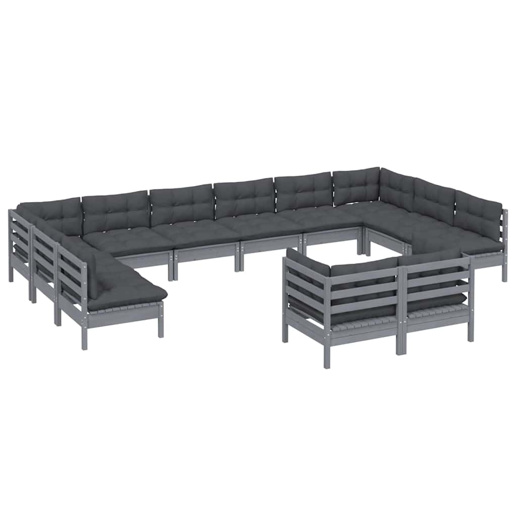 12 Piece Garden Lounge Set with Cushions Grey Solid Pinewood