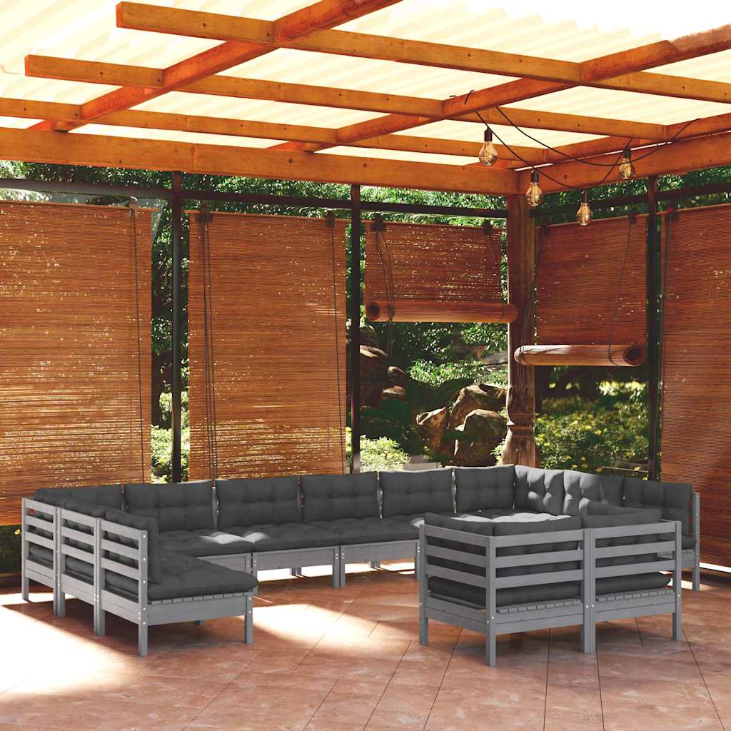 12 Piece Garden Lounge Set with Cushions Grey Solid Pinewood