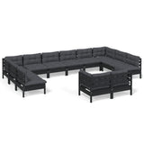 12 Piece Garden Lounge Set with Cushions Black Solid Pinewood