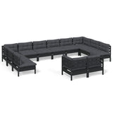12 Piece Garden Lounge Set with Cushions Black Solid Pinewood - Front View
