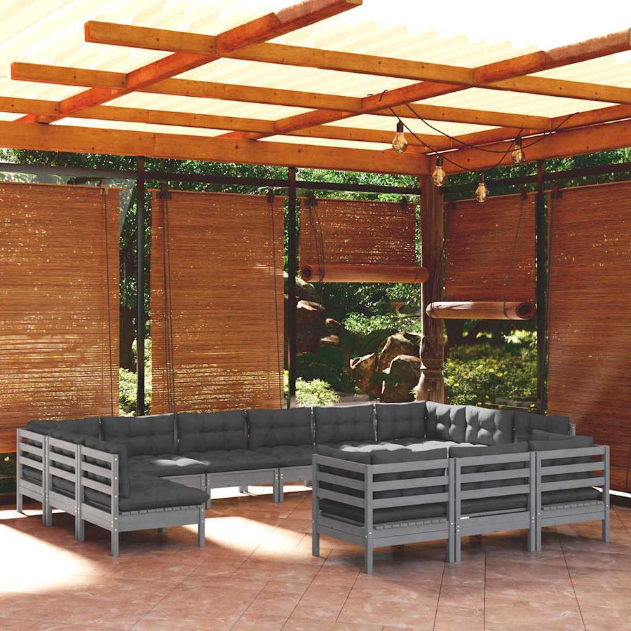 13 Piece Garden Lounge Set with Cushions Grey Pinewood