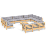 14 Piece Garden Lounge Set with Grey Cushions Pinewood - Front View