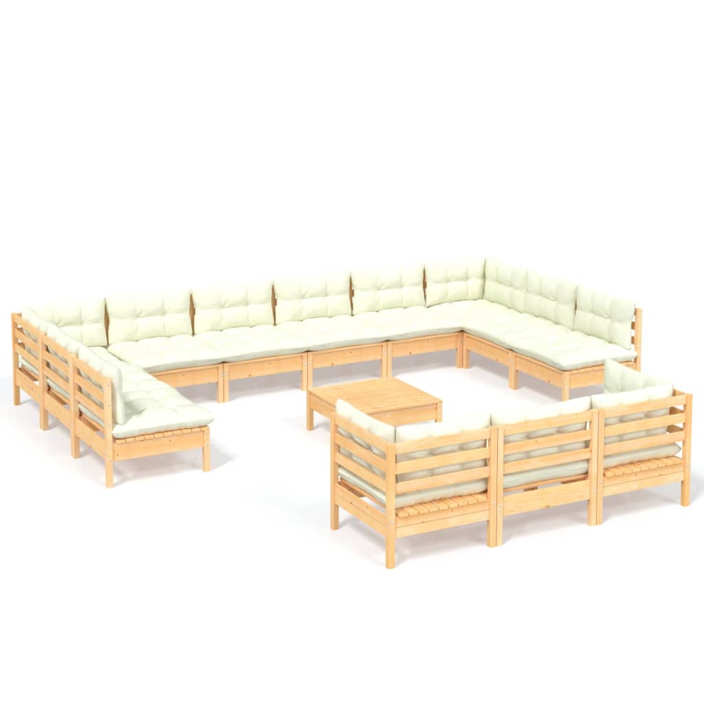 14 Piece Garden Lounge Set with Cream Cushions Pinewood