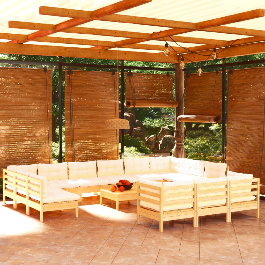 14 Piece Garden Lounge Set with Cream Cushions Pinewood