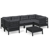 7 Piece Garden Lounge Set with Cushions Black Pinewood - Front View