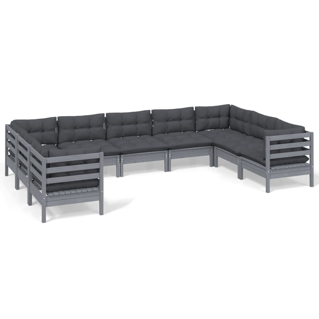 9 Piece Garden Lounge Set with Cushions Grey Pinewood