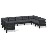 9 Piece Garden Lounge Set with Cushions Black Pinewood - Front View